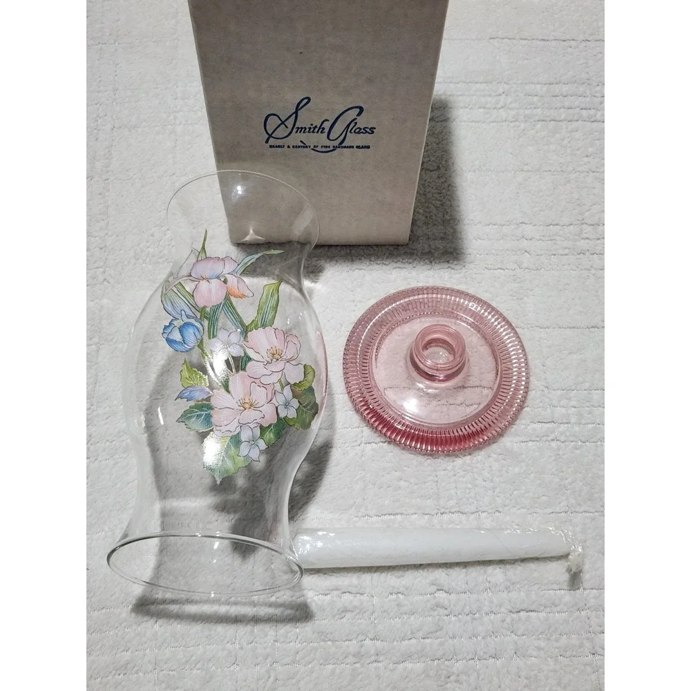 Vintage Smith Hand‎ Crafted Glass Floral Hurricane Candlestick Holder Pink Base